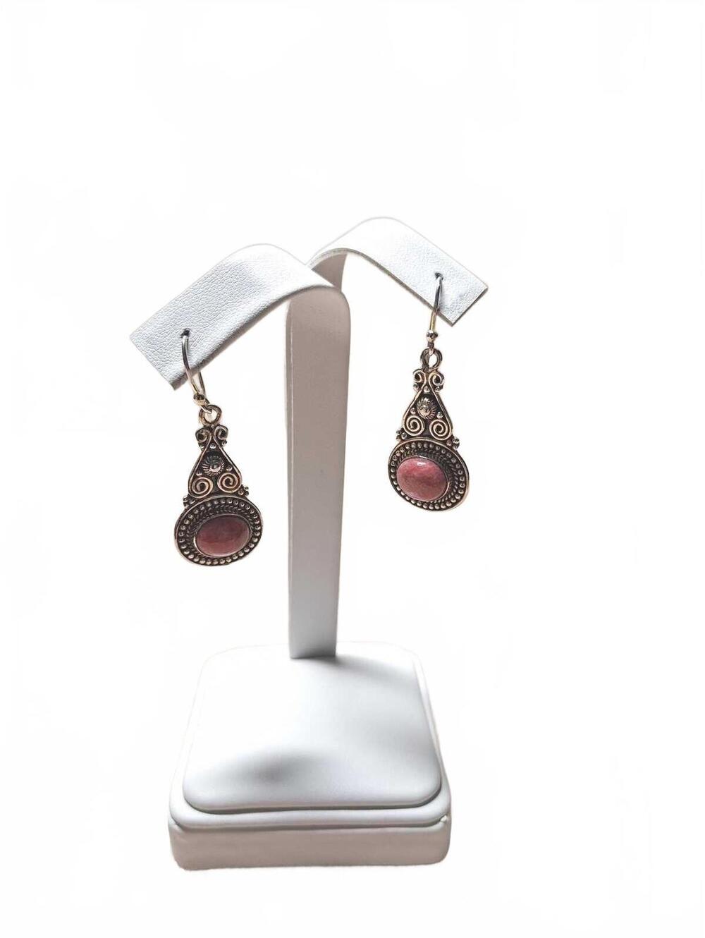 Pink stone drop dangle earrings Norwegian Thulite in sterling silver artisan